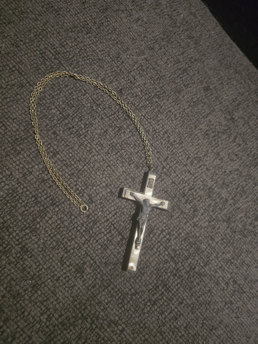Vintage German Pectoral Mother Of Pearl Cross Pendant Necklace